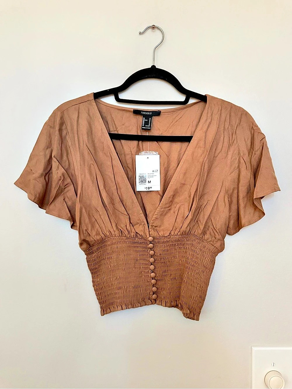 Forever 21 Brown Smocked Waist Blouse Size Medium NWT